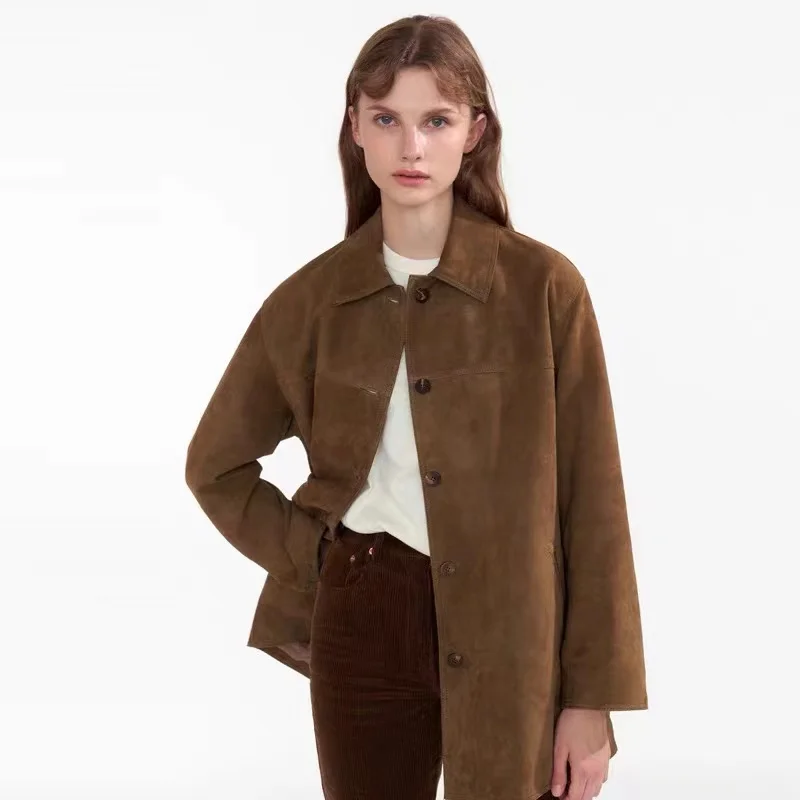 Leder Jaet Casual Sle Small Batch Damen Ort Mantel Erste Schicht Rindsleder Wintersaison Faion Damenbekleidung