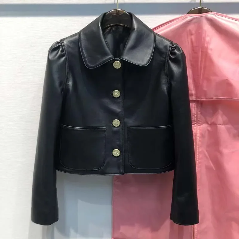 

Women coat spring and autumn 2024 New Fashion short length bubble sleeve genuine leather jacket single breasted high quality