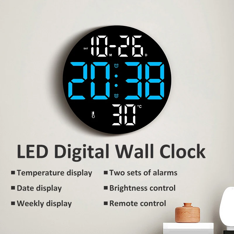 10inch LED Large Digital Wall Clock with Dual Alarms Calendar and Temperature Display Brightness Adjustable Countdown Home Clock