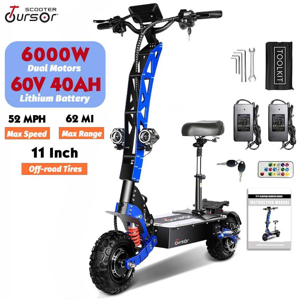 

USA Warehouse E8P 6000W Dual Motor 60V 40AH Electric Scooter 11 inch Off-Road Tyres with Seat LCD Display Foldable Escooter