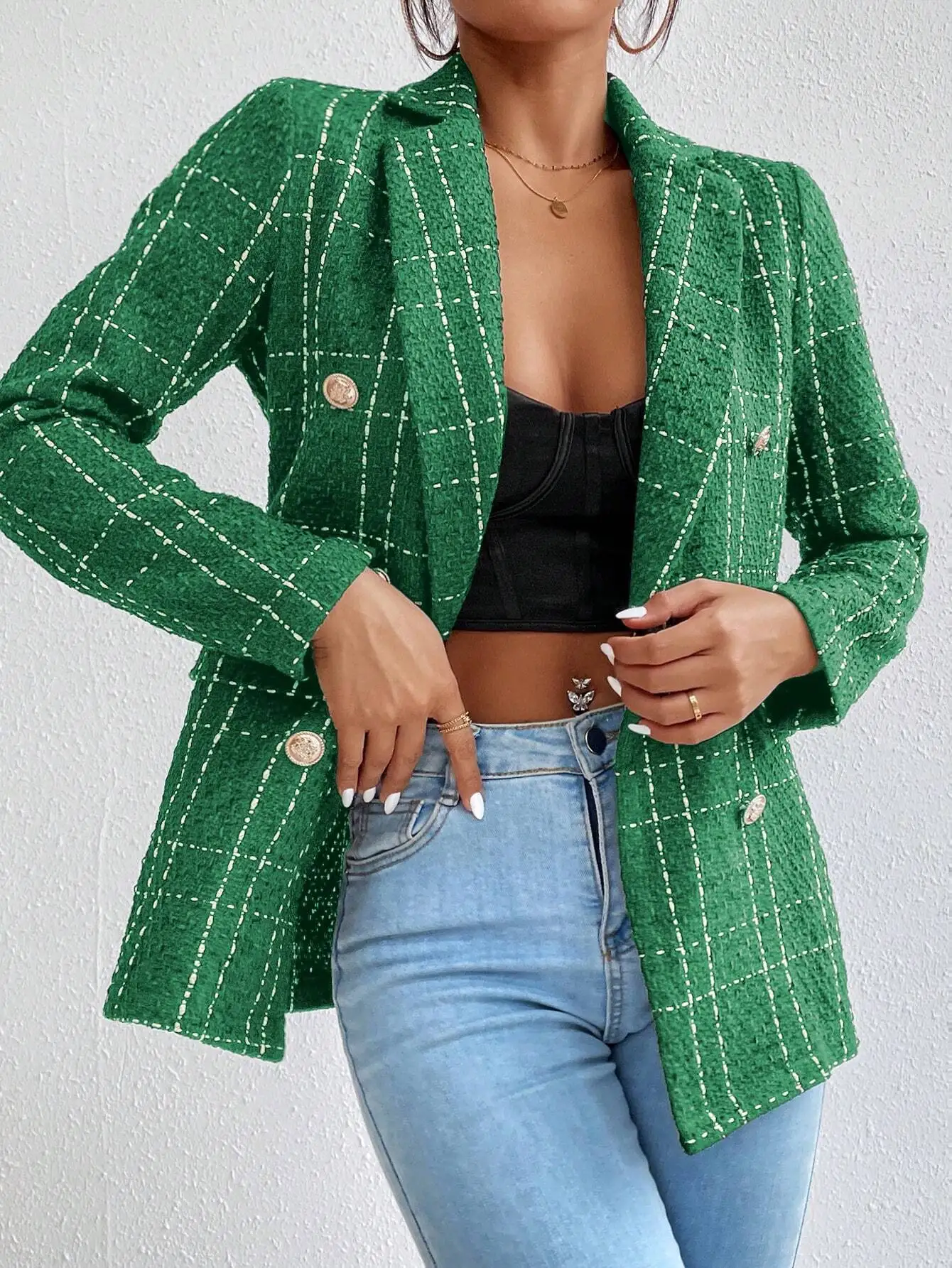 

BWQ Lapel Long Sleeve Plaid Tweed Blazer