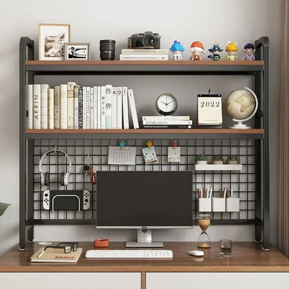 Grid Multi-layer Bookshelf, Large Capacity, Wrought Iron Shelf, Student Desk Combo, Desktop Bookcase Storage Rack