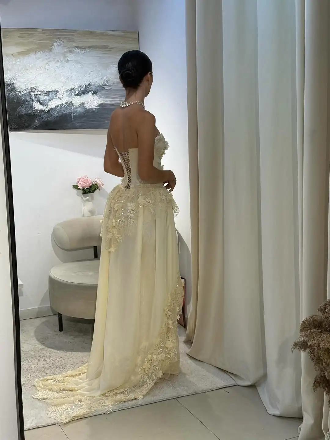 Ofherown فساتين سهرة صفراء على شكل حرف a بدون حمالات ثلاثية الأبعاد زهور دانتيل ترتر زينة فساتين لحضور الحفلات الموسيقية على شكل قلب بدون ظهر فستاين سهرة/فساتين الحفلات