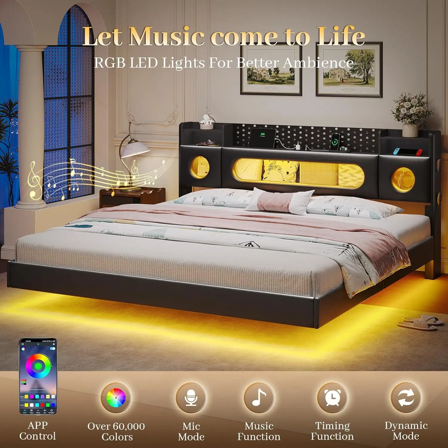King Floating Bed Frame Storage Headboard LED Light Charging Station Bookcase No Box Spring Noise-Free Black, Customized view 5
