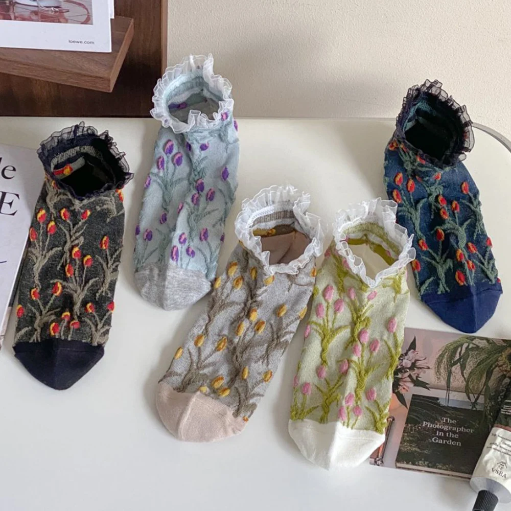 2 Pair Spring Summer New Women's Socks Sweet Cute 3D Flower Print Fashion Lace Edge Thin Short Socks Woman