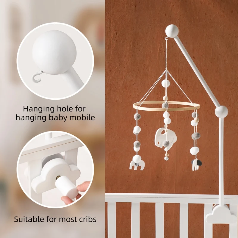 Baby Wooden Cloud Bed Bell Rattle Holder Bracket Mobile Hanging Rattle Toys Arm Bracket for 0-12 Months Newborn Crib Decoration