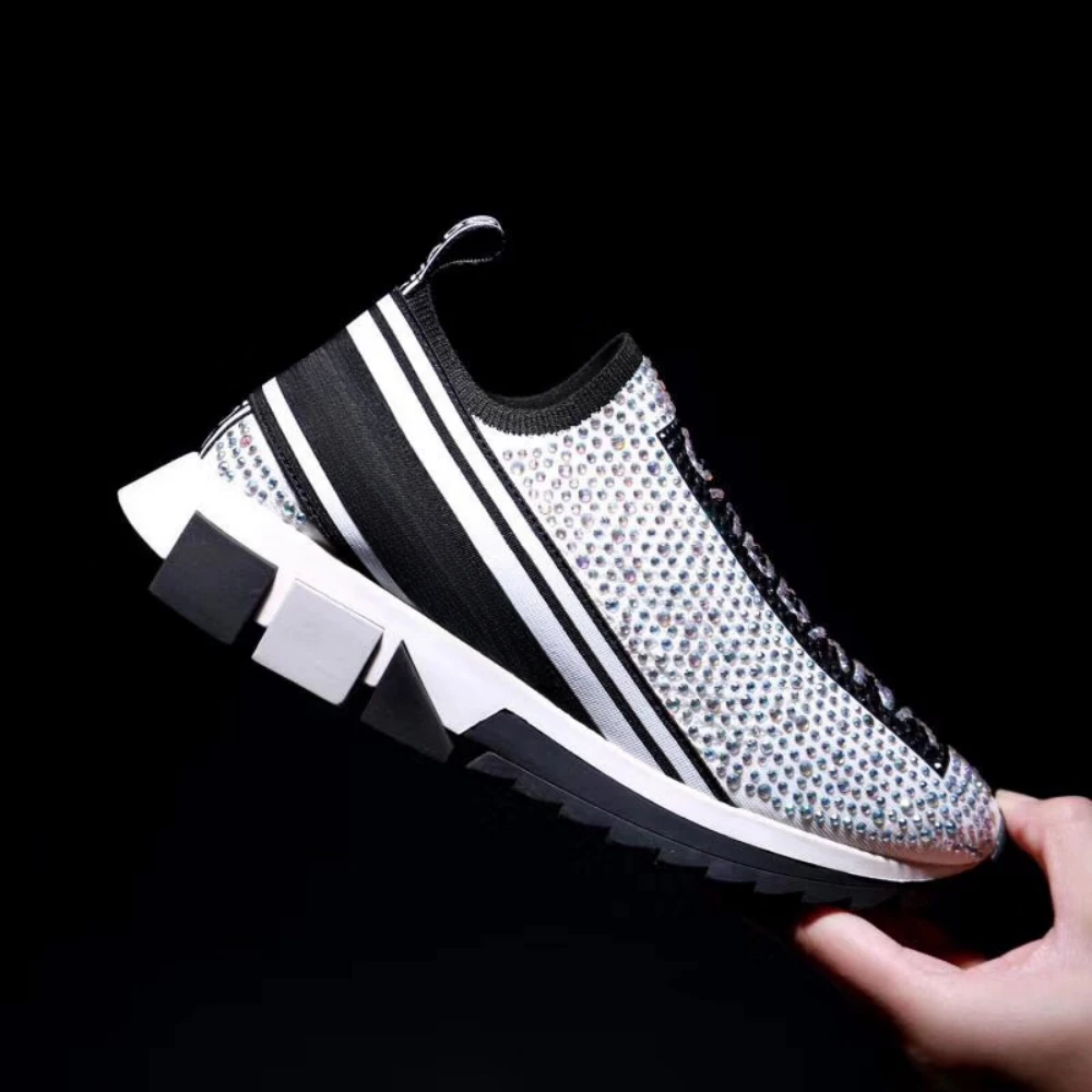 2024 Autumn/Winter New Elastic Knitted Sports and Leisure Board Shoes Splicing Men's Shoes Flat Bottom Mesh Couple's Same Style