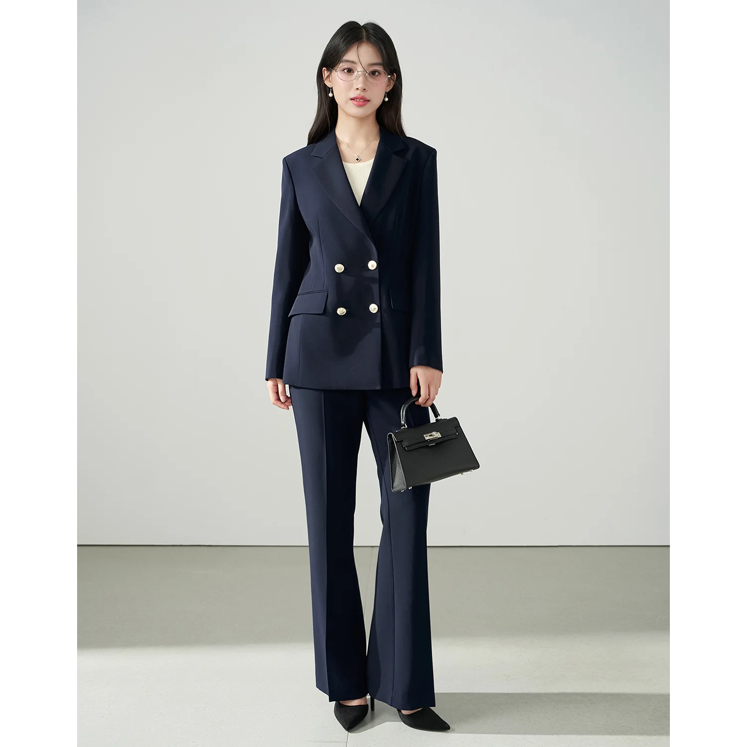 Allingentle Blaues 2-teiliges Set für Damen, zweireihige Jacke, modisches Damen-Hosenanzug-Set für Büro-Outfits, individuell anpassbar