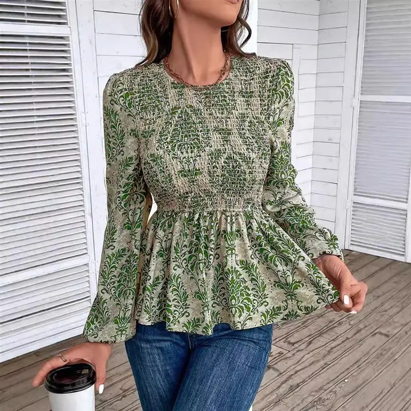 

Ele Long Sve round Ne Printed Chiffon Top Women's Faion Lace irt Ele Sle Lantern Sve Printed Chiffon