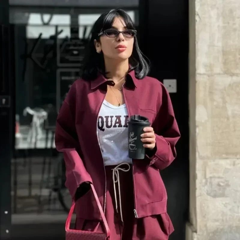 Trendix Vintage Burgundy Jacket For Women 2024 Autumn Winter Street Basic Casual Long Sleeve Coats Femme Retro Commuting Jackets