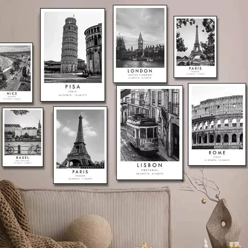 1 Stück Rahmenloses Schwarz-Weißes Reiseposter Lison Rom Paris Eiffelturm Leinwanddruck Minimalistisches Wandbild Heimdekoration
