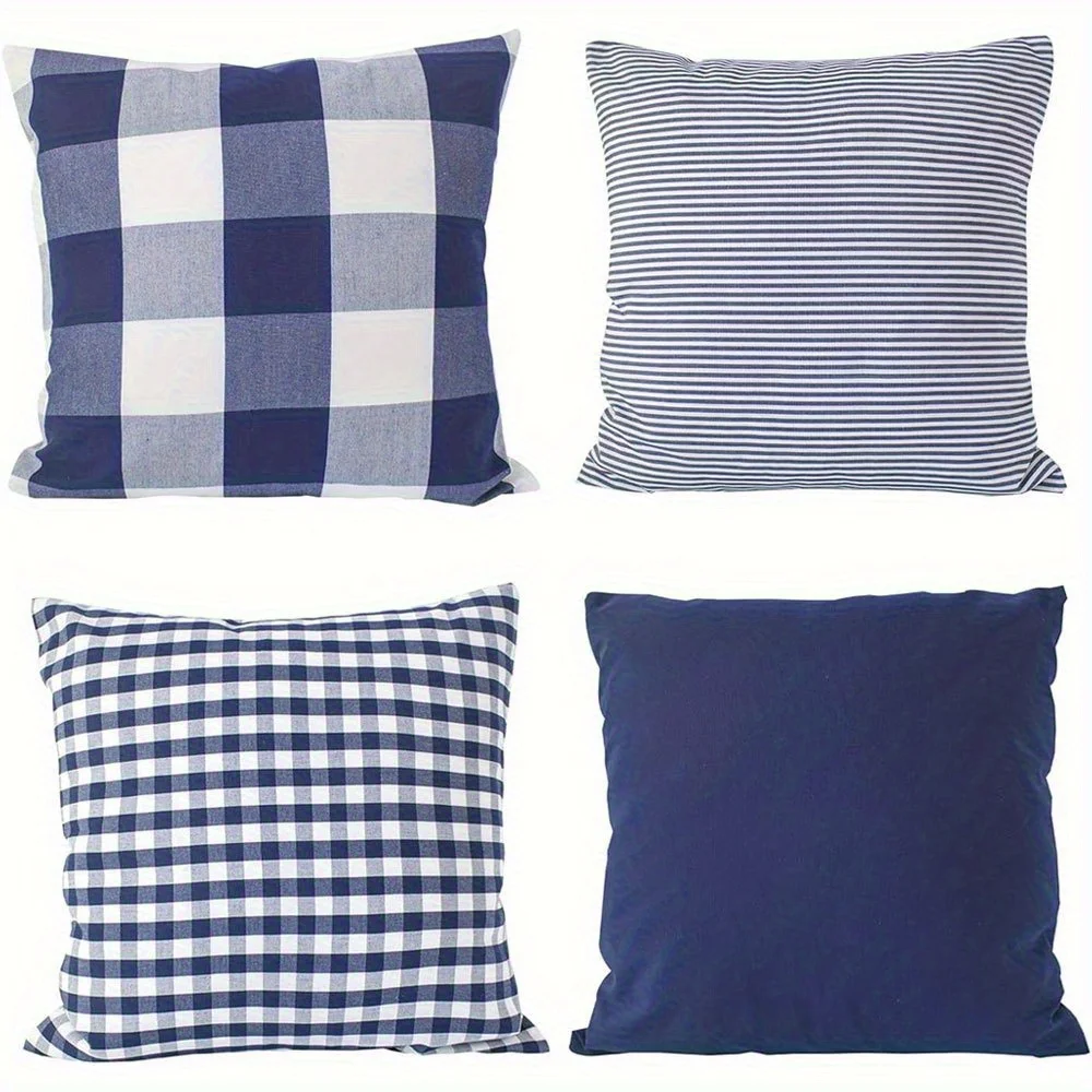 Blue White Plaid Stripe Pillow Covers, Buffalo Check Gingham Decorative Throw Pillow Cases, Farmhouse Home Decor Cushion Covers