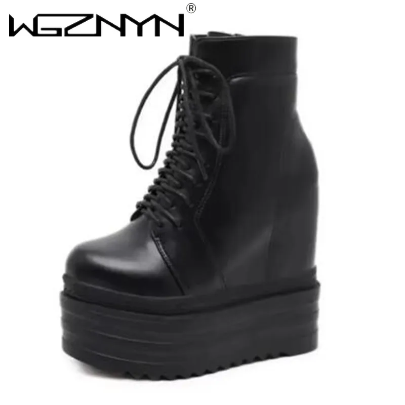 13.5CM Punk Style Wedges Ankle Boots Black Rubber Sole Shoes Platform Boots Women Lacing Autumn Sexy lady Platform Heels Shoes