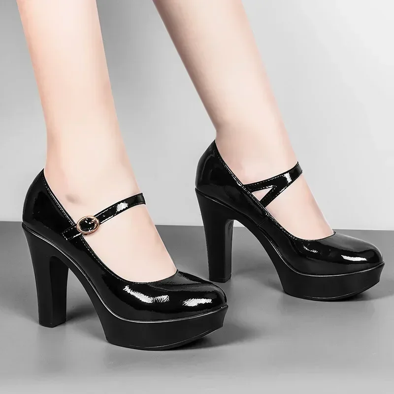 

6 8 11 13cm Small Size 32-43 Shallow Black Patent Leather Shoes Mary Janes 2025 Spring Fall Block High Heels Shoes Office Model
