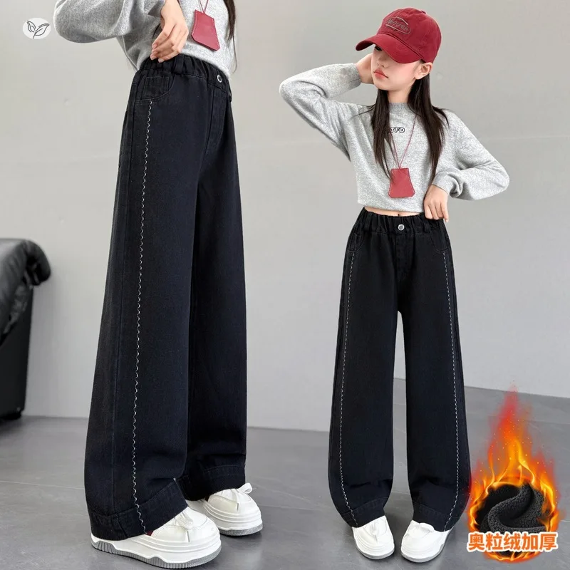 سراويل جينز مبطنة بالصوف للفتيات مع خياطة جانبية وخياطة زخرفية واسعة الساق من قماش الدنيم للأطفال الكبار 2025 سراويل طويلة شتوية جديدة #1