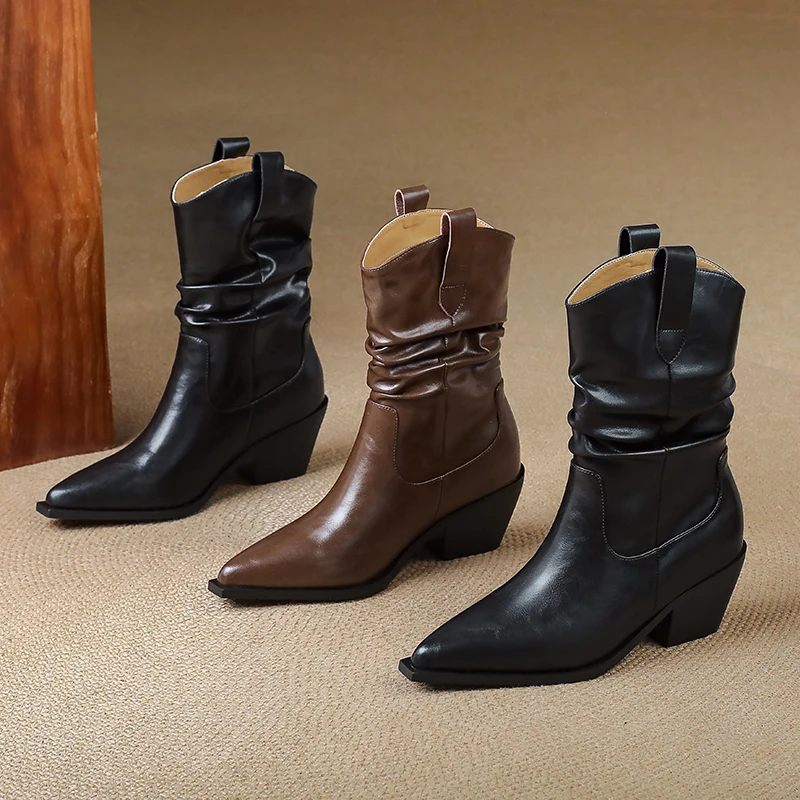 

Fashion Women Western Boots Retro Genuine Leather Mid-Calf Chelsea Boots Pointed Toe Modern Shoes Daily Office Street Size 34-40
