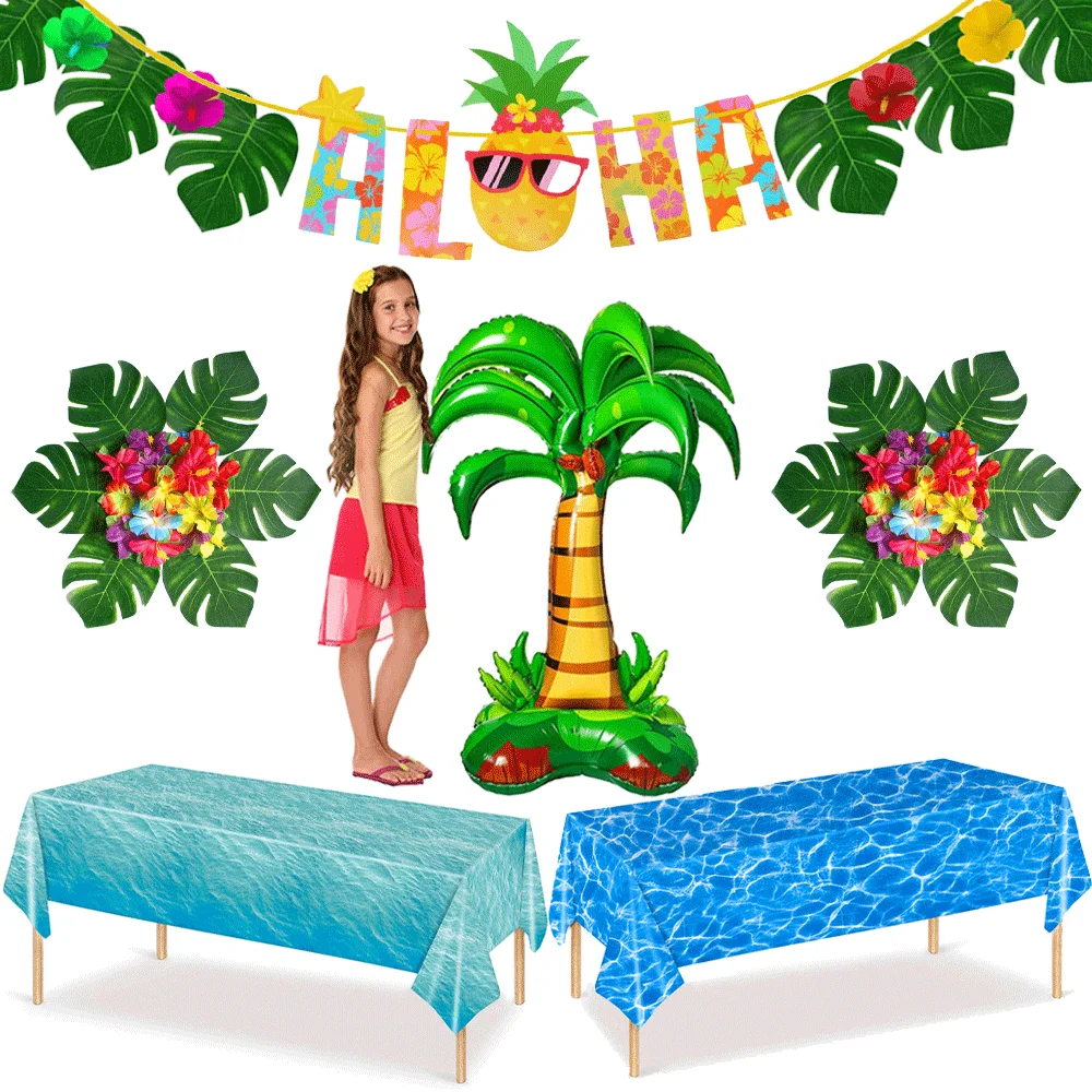 Hawaiian Luau Party Aloha Banner Hibiscus Flowers Palm Leaves Sea Wave Tablecloth for Tropical Party Beach Birthday Decorations