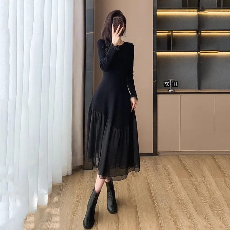 Vendita calda donne nero Patchwork vestito in maglia per la primavera autunno 2023 nuova moda o-collo sottile femminile lungo fondo maglione abiti