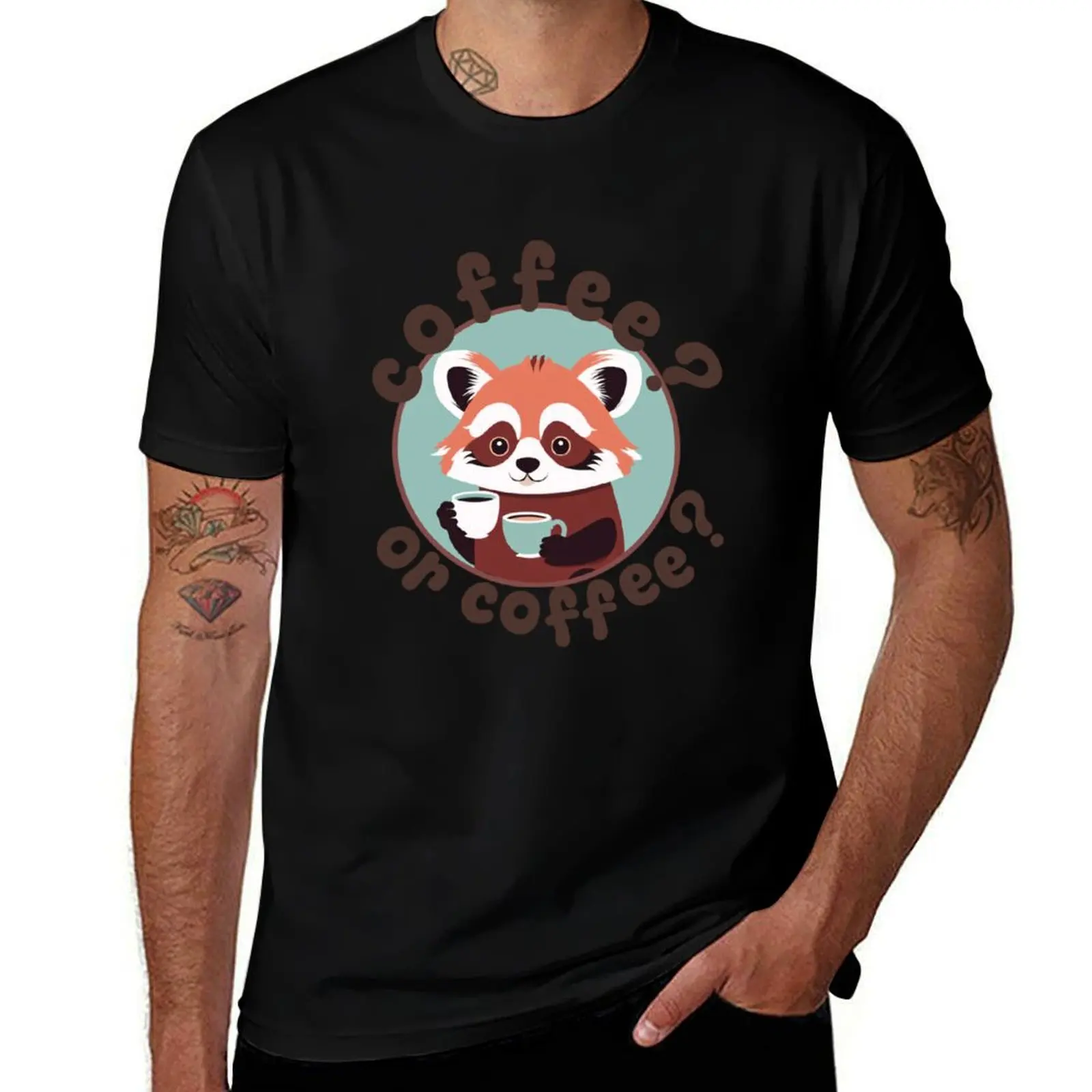 Red panda with two cups of coffee T-Shirt Soft Casual Short Sleeve Cotton Tee T-Shirt