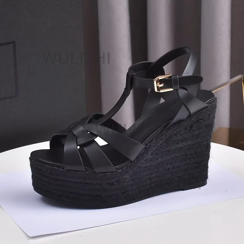 Wedge Espadarille Gold Open Leather Sandals Women Black Cross Mesh 10Cm Heels Summer Girls White Casual Shoes Office Lady Weave