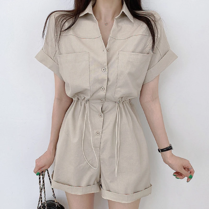 South korea Chic Summer Retro Lapel Single-Breasted Large Pocket Drawstring Waist Hugging Short sleeve Casual Jumpsuit Shorts...