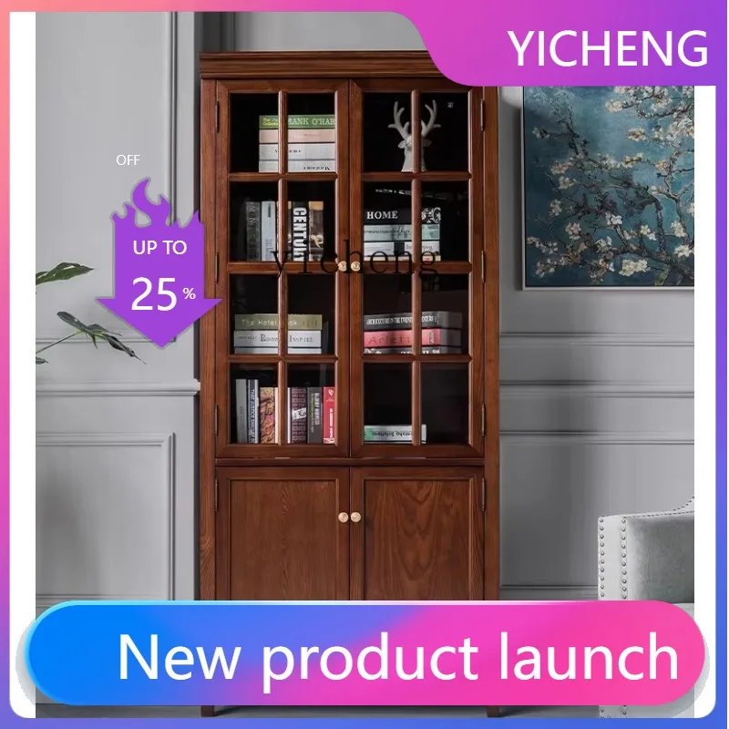 

LYY solid wood combination bookcase glass with door combination cabinet household vertical floor against the wall