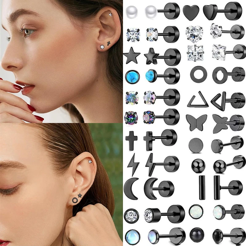 Boucles d'oreilles en acier inoxydable pour femmes, 2 pièces/ensemble, zircone cubique noire, boule d'opale, étoile, lune, fleur, dos plat, Piercing