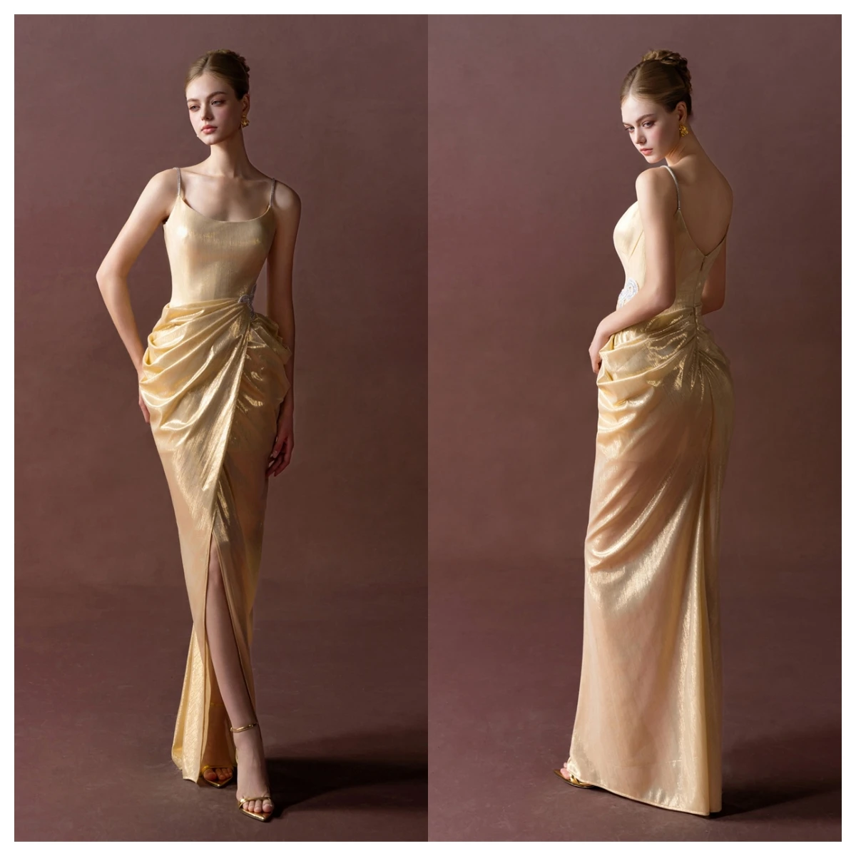 

Customized Delicate Golden Satin Evening Dress Square Collar Spaghetti Straps Sleeveless Special Occasion Gowns Party Dress