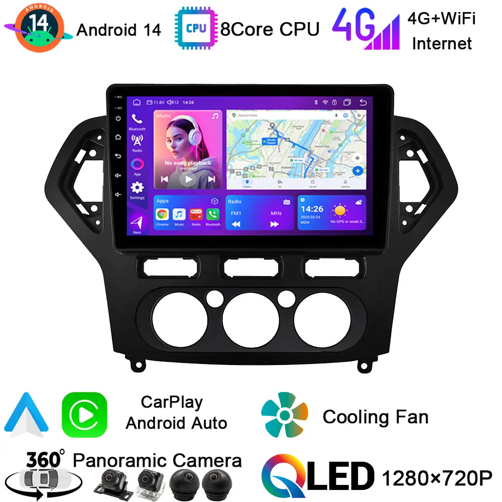 Android 14 For Ford Fusion Mondeo 2007-2010 QLED Stereo Car Radio Multimedia Video Player GPS Voice CarPlay Head Unit Navigation