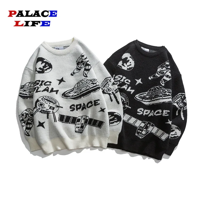 Japanese Cartoon Sweaters Men' Harajuku Vintage Space Printed Autumn Knitted Pullover Hiphop Fashion Loose Jumpers Ropa Hombre