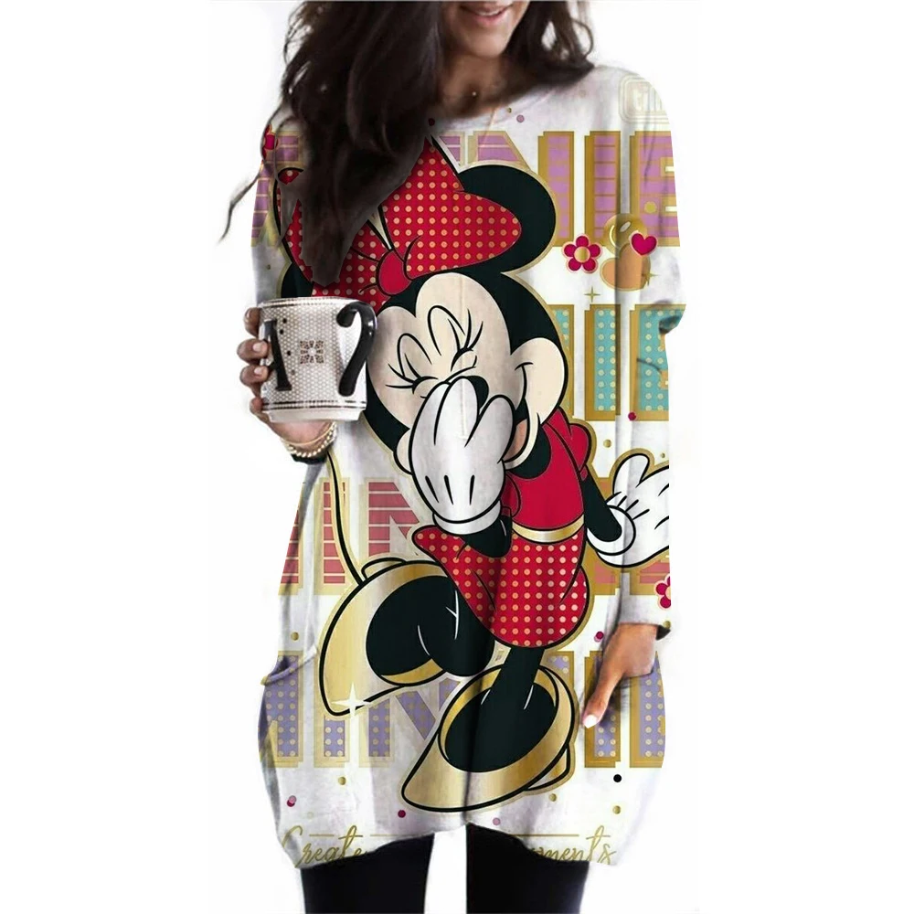 Disney Mickey Mouse Print T Shirt Women Graphic Shirts Casual Long Sleeved Minnie Mouse Pink Female Tee O-neck Harajuku T-shirts