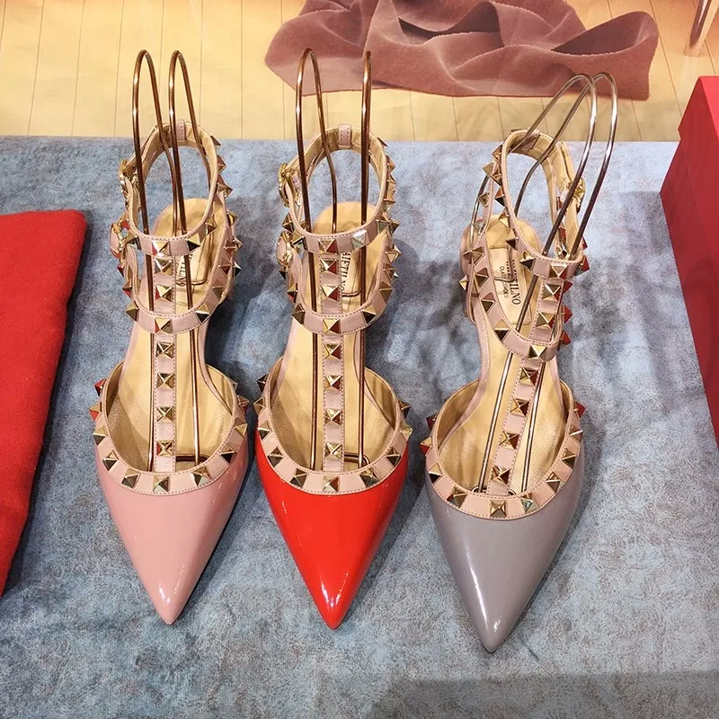 2024 New Summer Sandals Pointed Low Heeled Shoes Fashion Thick Heels Rivet Strap Color Matching Sandals For Women Patent