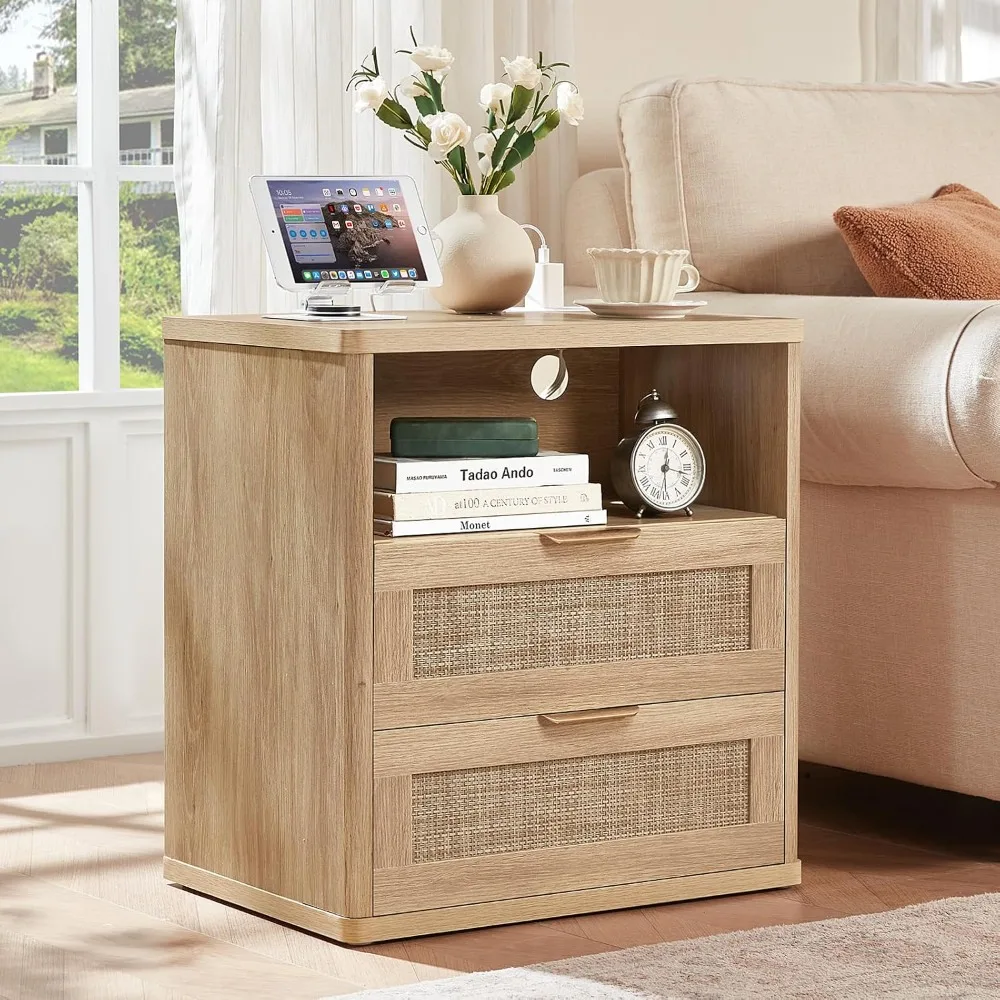 Rattan Nightstands Set of 2 with Charging Station, 23 Inch Bedside Tables with 2 Drawers