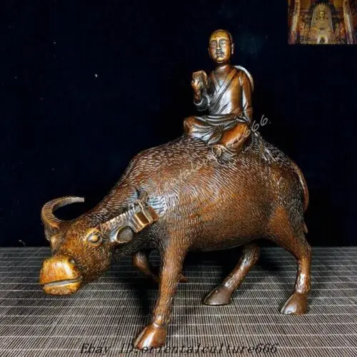 10.4'' China bronze Feng Shui Lucky wealth zodiac animal boy bull riding statue