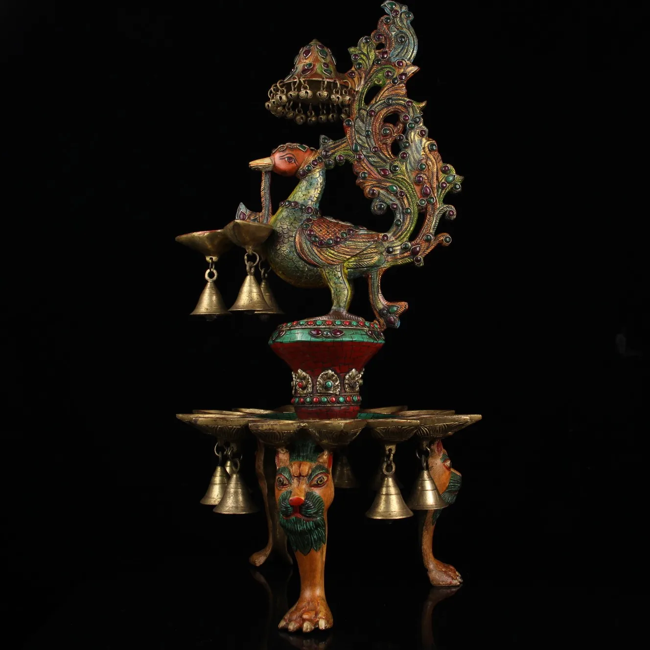 

25"Tibetan Temple Collection Old Bronze Outline in gold inlay Gem Phoenix Bestial foot oil lamp Candlestick Worship Hall