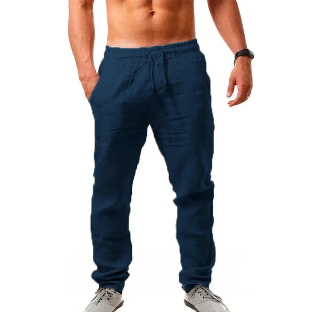 FJJ-Pantalon de sport décontracté en coton et lin pour homme, taille élastique, couleur unie, nouvelle mode