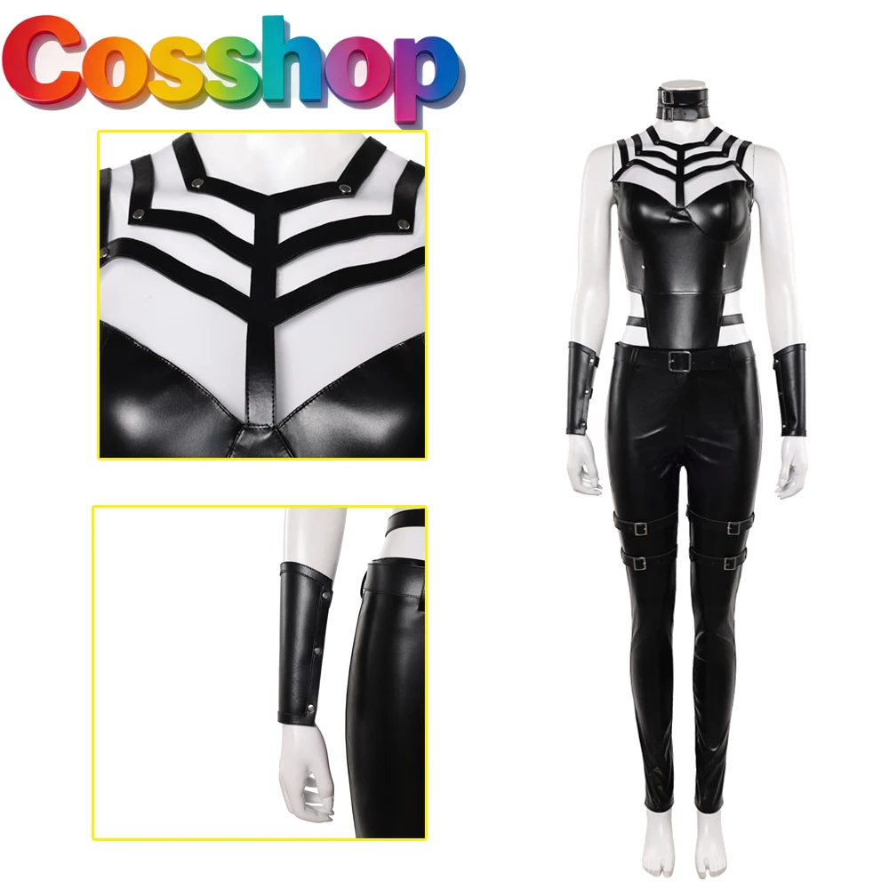 

Sindel Black Cosplay Costume Game Mortal Kombat 2 Women Faux Leather Milk Silk Clothes Set For Halloween Carnival Outfits