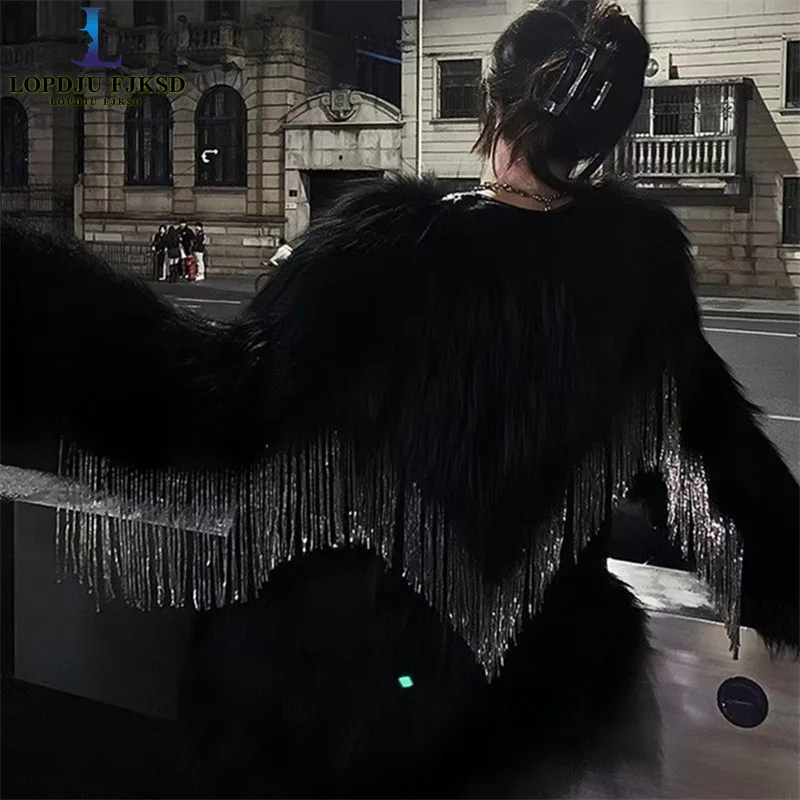Women's Fox Fur Jacket Mid to Long Style Black Swan Fringe Sequin Fashionable Women's Outerwear