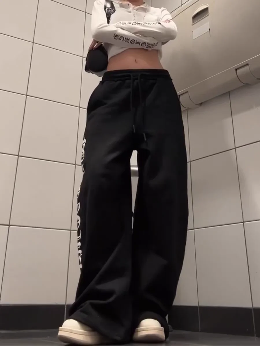 American hiphop carta impressão calças casuais das mulheres de cintura alta retro rua jazz dança perna larga moletom solto ajuste