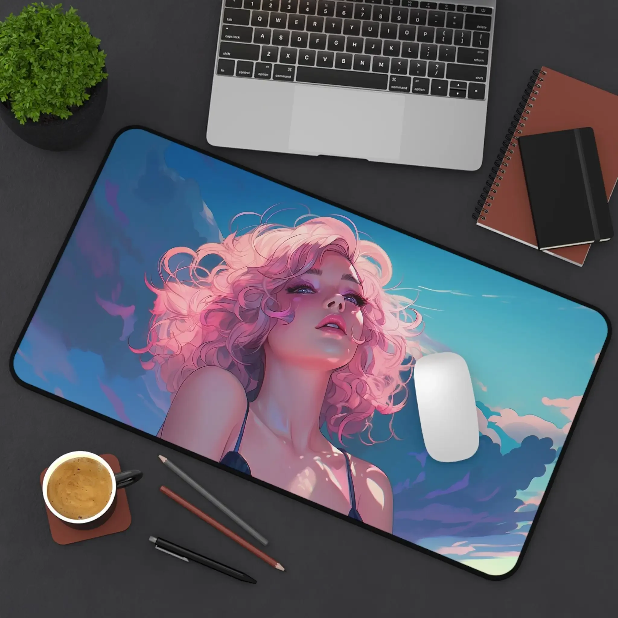 Pink Hair Pattern Table Mat, Blue Sky Desktop Decoration, Non-slip Waterproof Gaming Mouse Pad, Perfect Gift for Friends