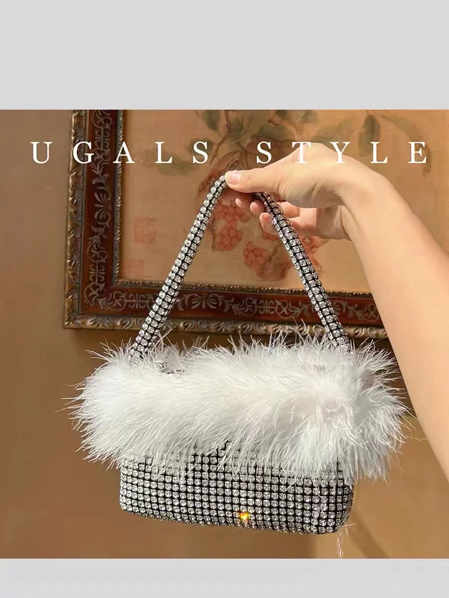 Luxury Ostrich Hair Crystal Shiny Rhinestone Diamond Evening Bag Women Handbag Wedding Party Clutch Purse Shoulder Underarm Bag