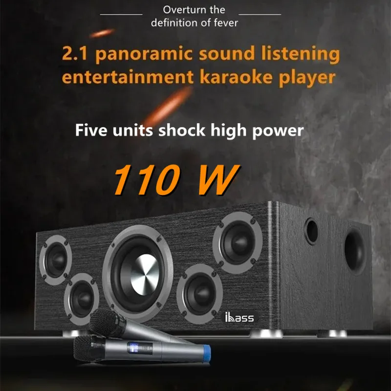 110W High-Power Wooden Bluetooth Speaker Home Theater Karaoke Stereo Bass Subwoofer for TV Computer Speakers With Micphone Box