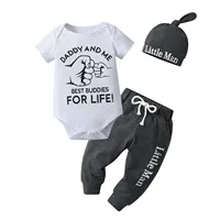 Summer Newborn infant Baby Boy 3PCS Clothes Set Letters Printed Short Sleeve Bodysuit Top and Long Pants Hat Outfit for Babies