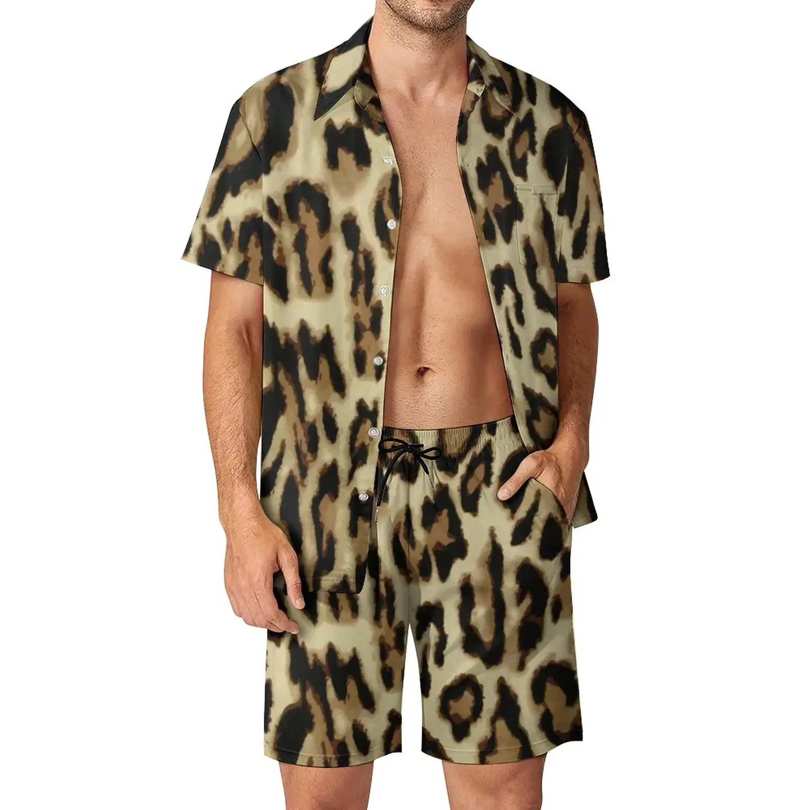 Hawaiian Leopard Shirt 2Pcs Sets 3D Printed Men Casual Fashion Short Sleeves Shirts Oversized Beach Shorts Streetwear Suits