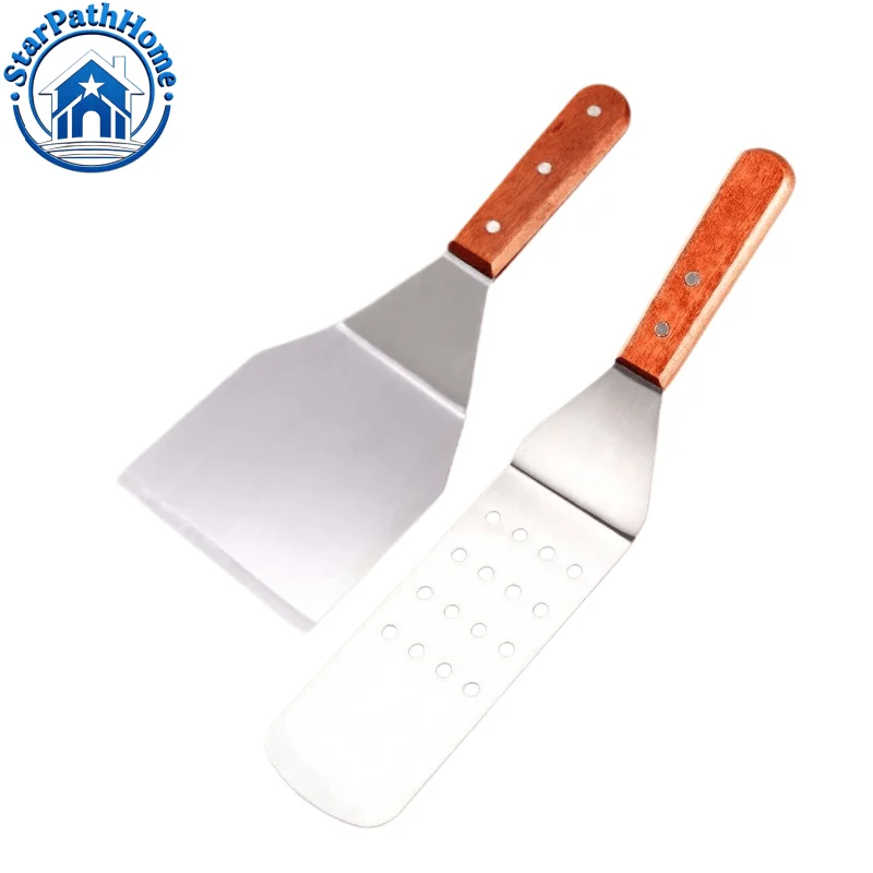 Pie Pizza Server Kitchen Grill Spatula Turner Stainless Steel Riveted Smooth Wood Handle- Set of Perforated & Solid Face Spatula