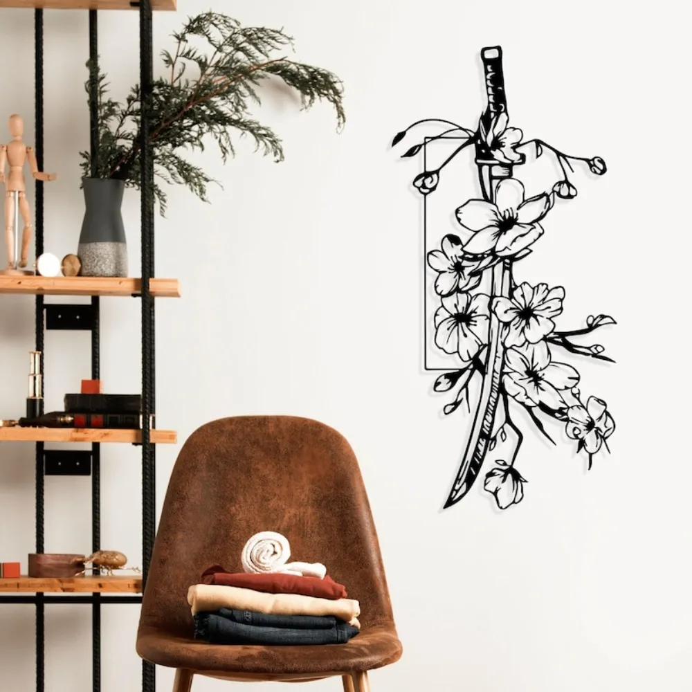 CIFBUY Iron Wall Art Sakura Katana Sword Decor Unique Handmade Home Hanging Black