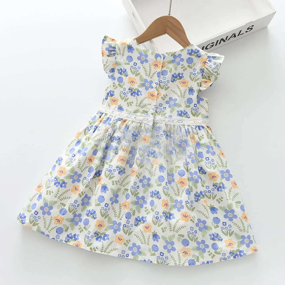 Summer Dress Children\'s Clothing Round Neck Flying Sleeve Flower Printing Dress Girls Casual Dress