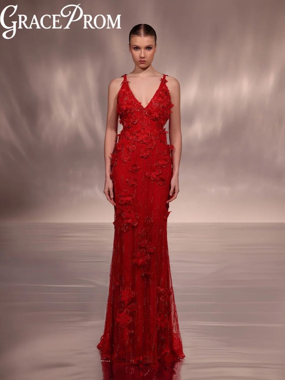 

Luxury Red Beaded Lace Evening Dress Handmade 3D Floral Long Wedding Party Gowns Customized Elegant Thin Straps Banquet Gowns