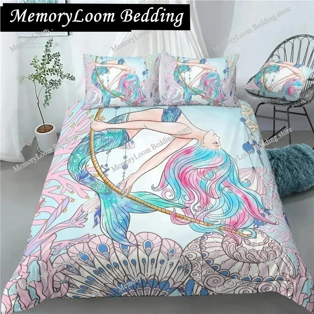 

3D Cartoon Mermaid Girl King Queen Duvet Cover Beautiful Lovely Mermaid Princess Print Bedding Set Polyester Quilt Cover