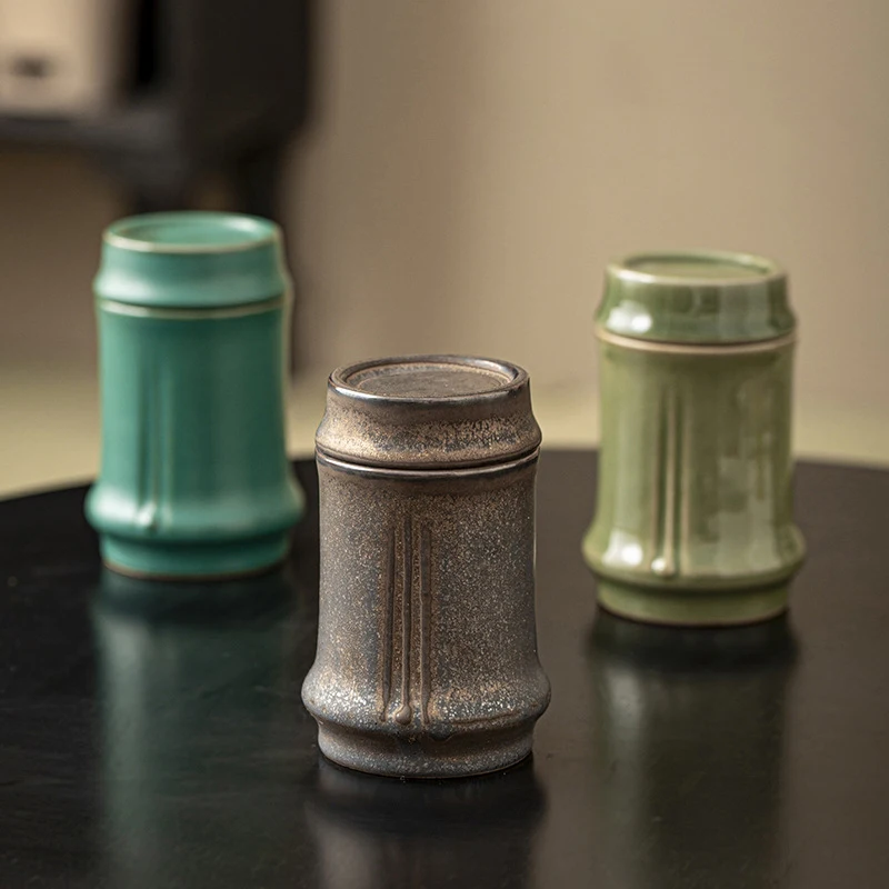 Celadon Bamboo-joint Tea Canister Vintage Ceramic Jar for Candies Nuts Coffee Beans Herbs Kitchen Airtight Storage Container New